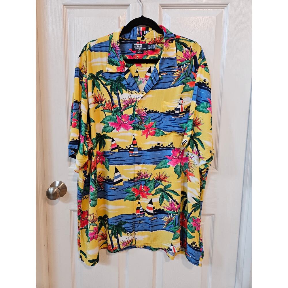 Polo Ralph Lauren XXL Hawaiian Camp Shirt Tropical Floral Sailboat 100% Viscose